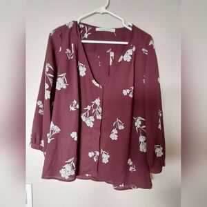 Collective Concepts Top, Women's Size Medium Burgundy with White Flowers Top
